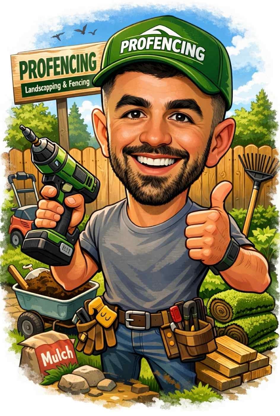 Cartoon portrait of Connor Lee, owner of Pro Fencing, in a branded cap with a drill and a thumbs up