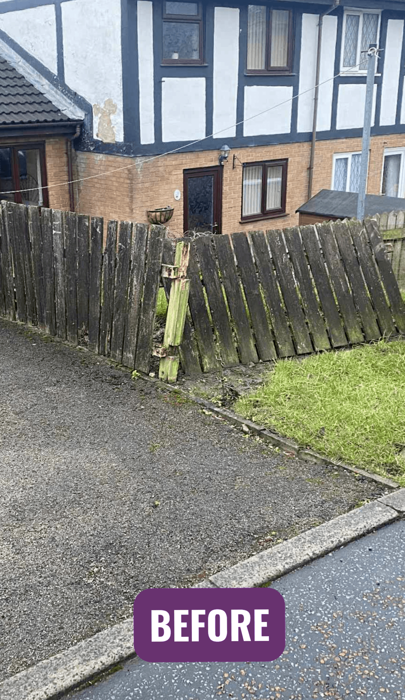 Before: an old, broken timber fence by a driveway